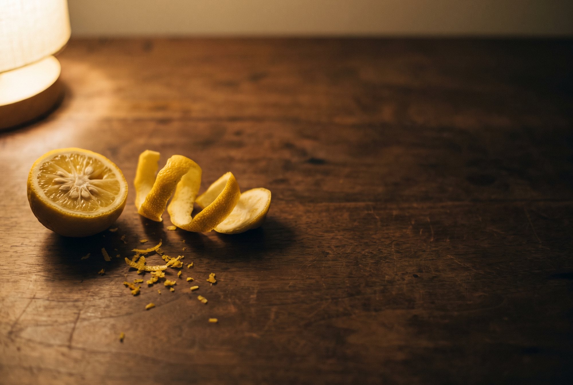 Yuzu fruit and curled citrus peel on a wooden table.