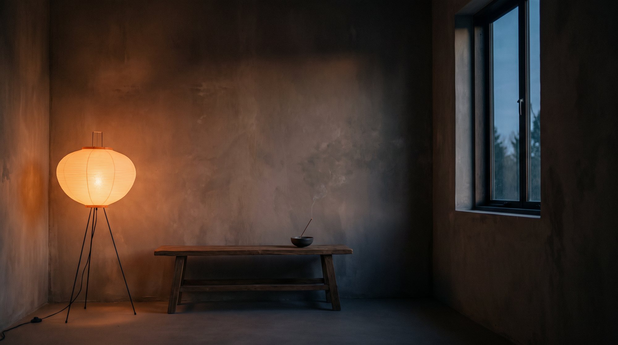 A warmly lit room, a wooden bench, and the last light at the window.